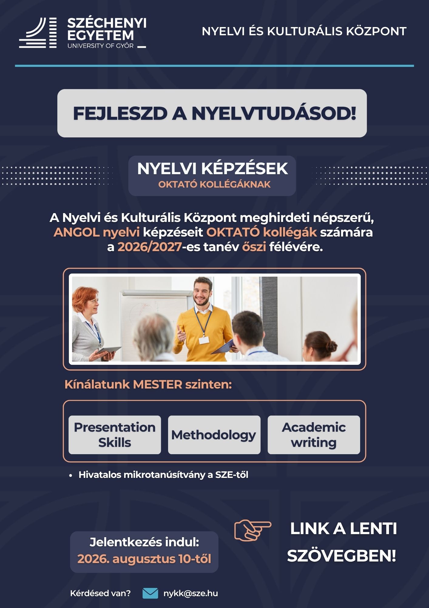Mikrotanúsítványos nyelvi képzések oktató kollégák részére a 2026/2027-es tanév őszi félévében
